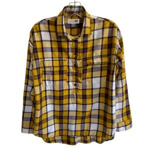 Old Navy Boyfriend Flannel Popover Shirt Yellow Plaid 1/2 Button Up Hi-Lo XS‎